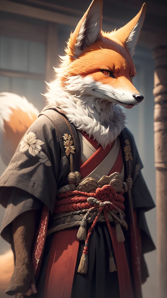 photorealistic, high resolution, 1 fox anthropomorphic, samurai, dynamic pose, background ancient kyoto, dramatic, chromatic aberration.