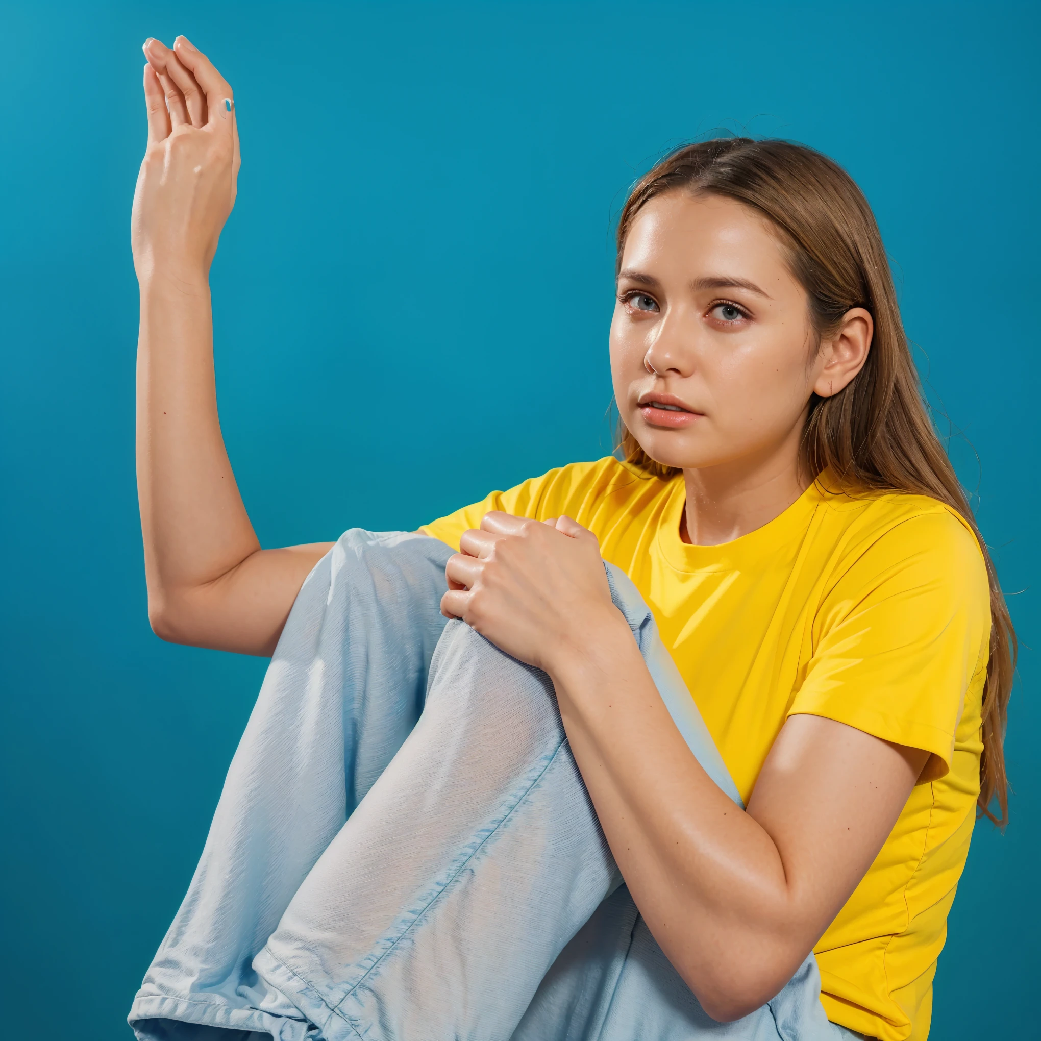 A woman in a bright yellow t-shirt and jeans is sitting on a gray floor against a blue background. She has her knees bent, holding them with her arms, and one hand raised to her face, appearing either distressed or contemplative. She wears black sandals on her feet. Her posture and facial expression may reflect fatigue or introspection. vibrant contrast to his attire and accessories.аffects render, (glossy plastic texture with multiple big light probe refractions), perfect cgi, smooth silhouette, high intensity refraction, (super glossy plastic material), most beautiful vfx, , realistic, 4k, high resolution, rim light, smooth 3d model, multiple light sources, rim light, sharp post effects render,, realistic, 4k, high resolution, rim light detailed digital art, reflective, best quality, 4k, masterpiece:1.2, ultra-detailed, realistic, vivid colors, The image of the highest quality, ensuring every detail showcased perfectly. It in 4k resolution, allowing viewers to immerse themselves in the richness of the colors and intricate details. The realistic rendering. under the spotlight, reflecting, high-resolution image, realistic rendering