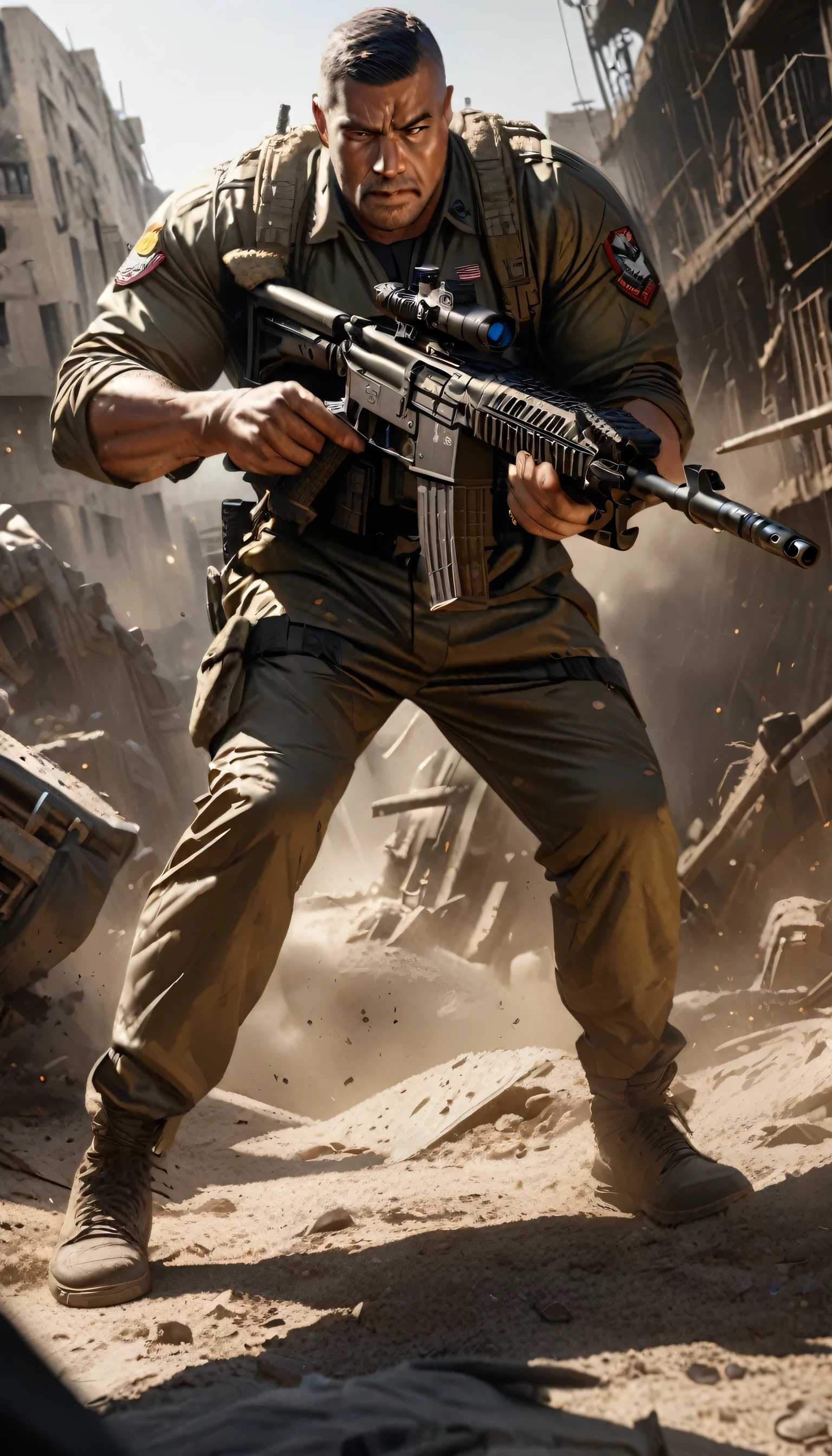 a man with assault rifle, highly detailed, muscular man in military uniform holding assault rifle, realistic, cinematic lighting, dramatic pose, war zone background, gritty, photorealistic, 8k, masterpiece