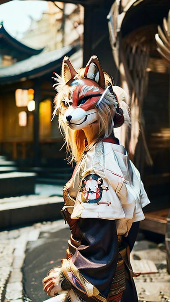 Woman with furry face、fox mask、Fox ears、White kimono、shout、night、Japan Road、shrine、Low - Angle、Dynamic composition、Background blur
