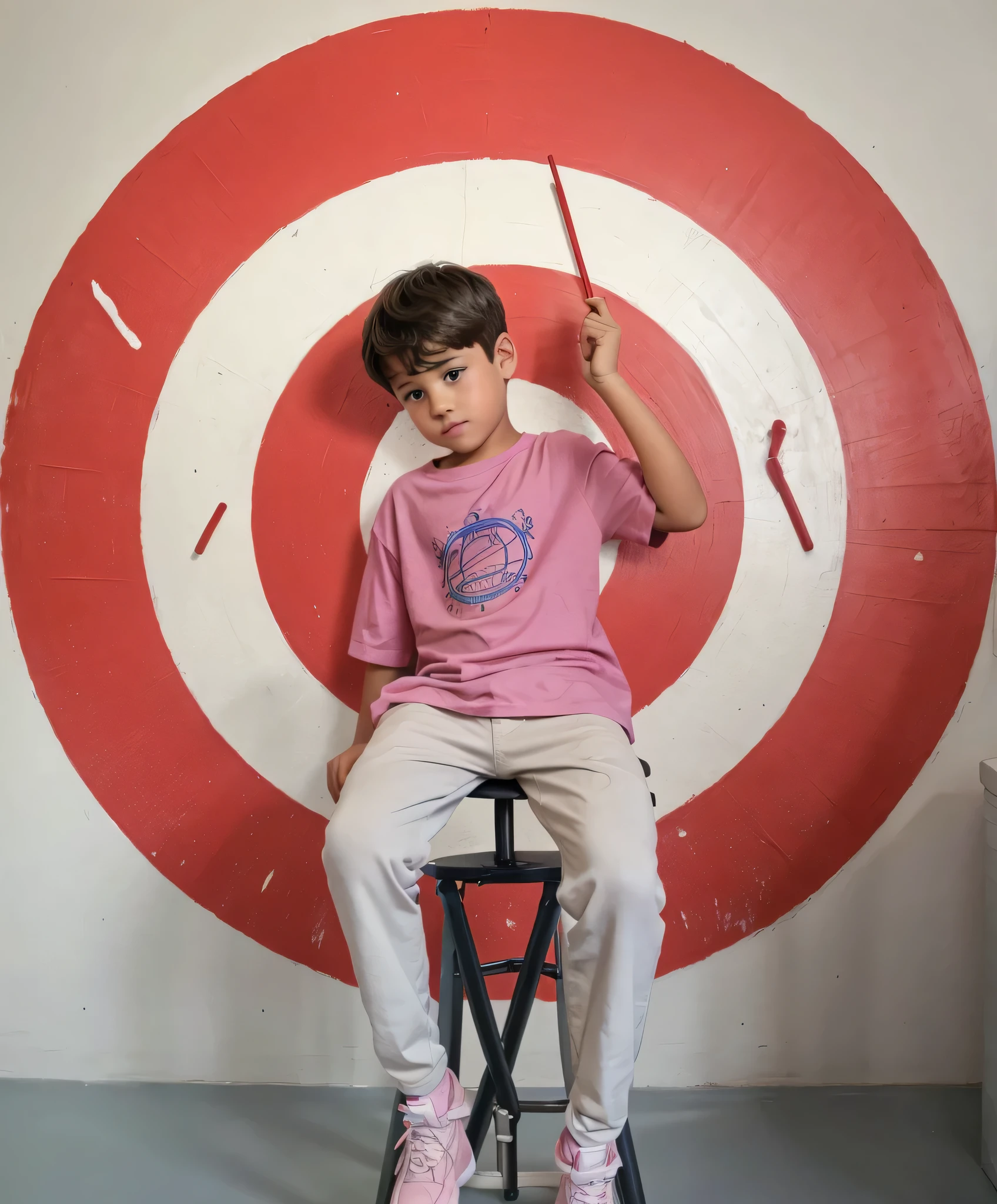 A boy in a pink shirt is sitting on a stool in a room with a red bullseye on the wall.