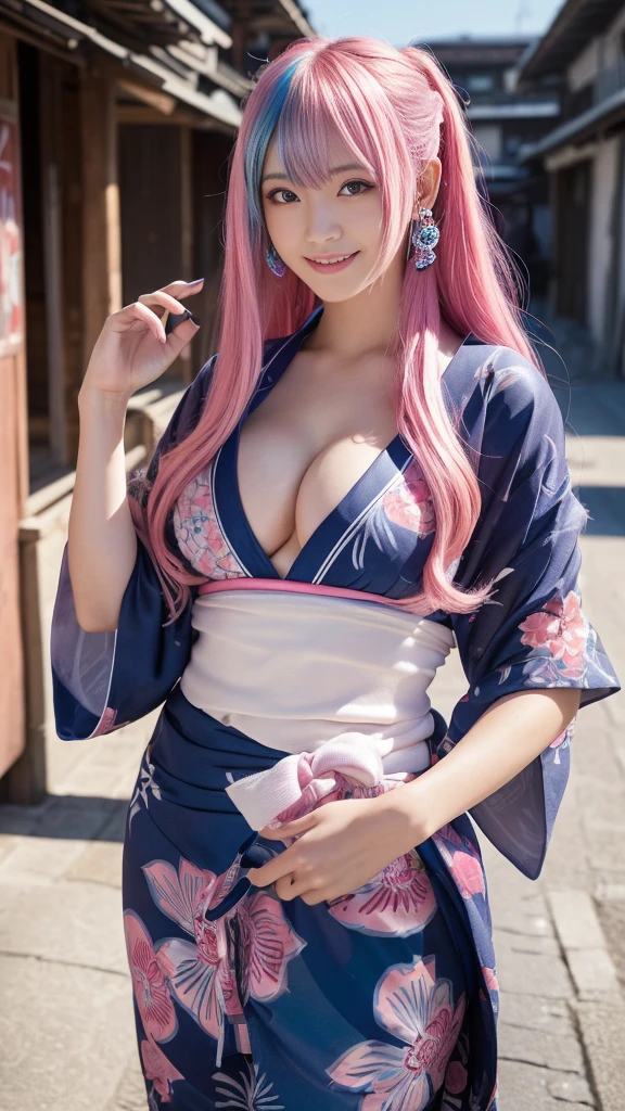 (masterpiece), (((highest quality)), (super detailed), 1 girl, (iridescent hair, red long hair, half blue and half pink hair: 1.2), 22 years old, (sexy yukata: 1.2), outdoor, bangs, smile, sky blue eyes, perfect hands, perfect hands, hand details, corrected fingers. Earrings, Night Store + Background, looking_at_viewer, Cowboy Shot, Top Quality, Rich Detail, Perfect Image Quality, big breasts, slender body