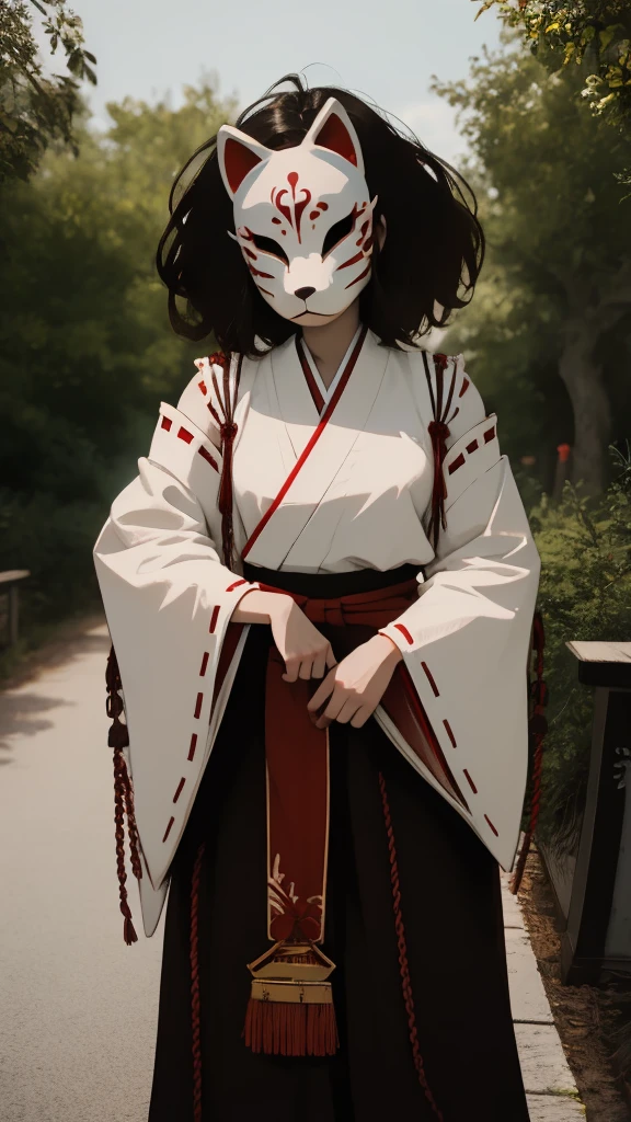 anbu,1girl,medium hair,brown hair,long sleeves,standing,skirt,japanese clothes,wide sleeves,kimono,hakama,hakama skirt,facing viewer,ribbon-trimmed sleeves,white kimono,miko,red hakama,torii,solo,