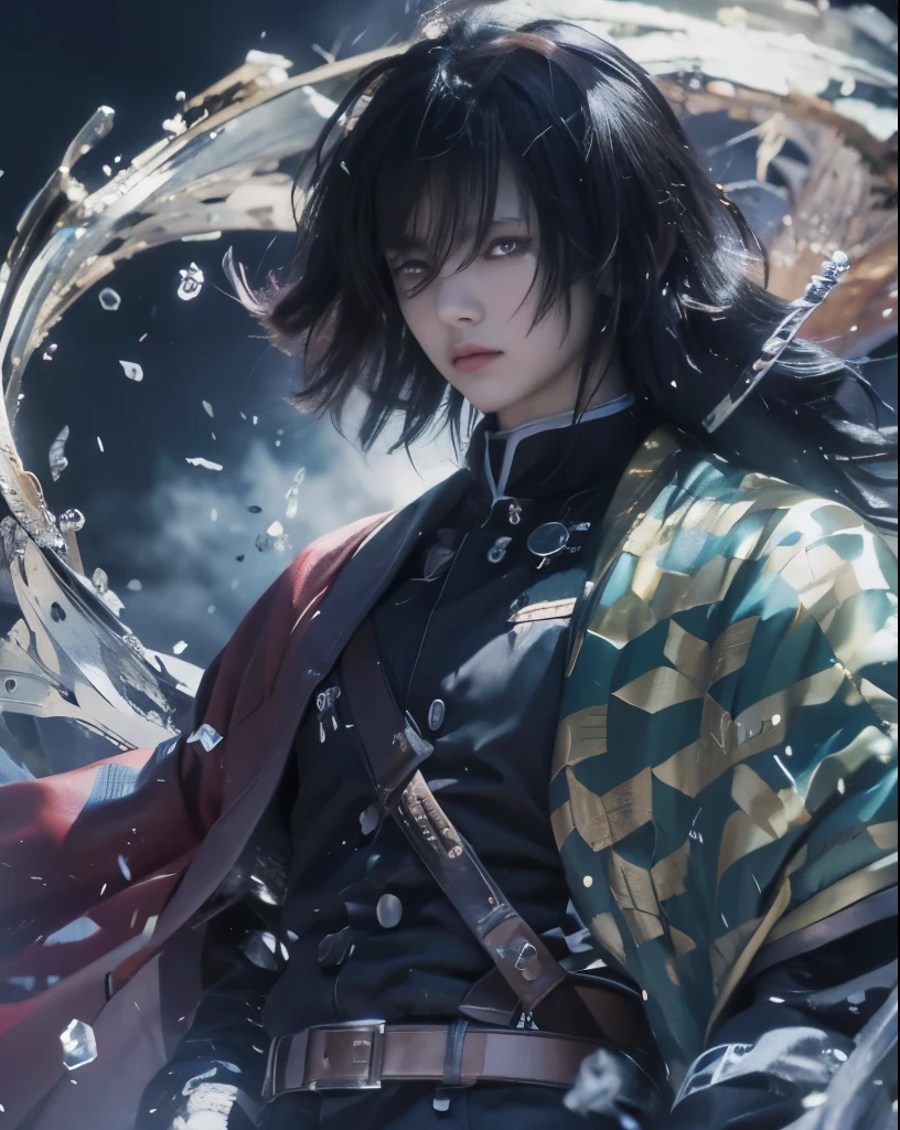 Giyuu tomioka, demon slayer, angry mode, black long hair, purple eyes lit up, black demon Slayers uniform, swing a sworld, wather effect:1.2, light effect:1.2, fire effect:1.2, background beautiful sky:1.2. ultra-realistic, ultra-detailed, high resulution, best quality, masterpiece