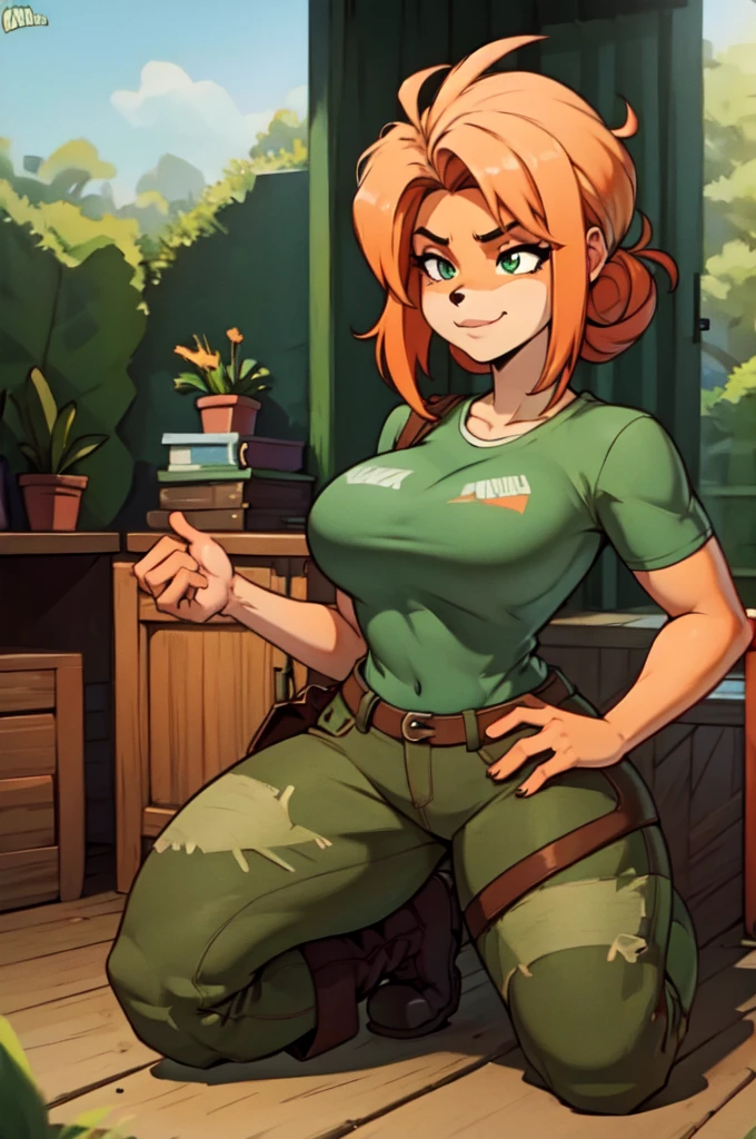 anthro bandicoot girl redhead, braided hair, beautiful green eyes, sexy relaxing moment, sexy ,seductive, warm sweater, camouflage pants, army boots, smirking, cozy lighting, vibrant colors ,