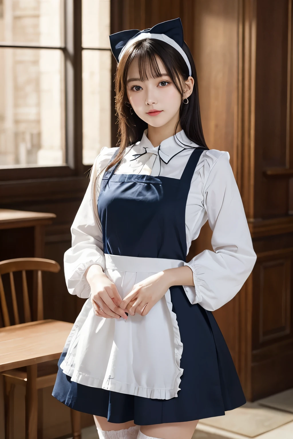 Detailed image of a young female character standing in a grand hall lined with marble columns。She has short, wavy blue hair、Has side fringe、Adorned with a white frilly headband and blue ribbon。Big blue eyes are kind、He has a slightly sad expression、There is a slight redness on the cheeks。She is wearing a classic maid outfit.、In a black puff sleeve dress、White apron with lace trim、And a blue ribbon on the neckline.。The apron has gold teardrop decorations.、It is secured by a thin gold chain。She is holding the skirt of her dress with one hand、It is lifted a little、Her other hand is delicately placed to touch the ribbon on her chest.。In the background there is a blurred white decorative building.、The soft, indirect lighting creates a calm and elegant atmosphere.。