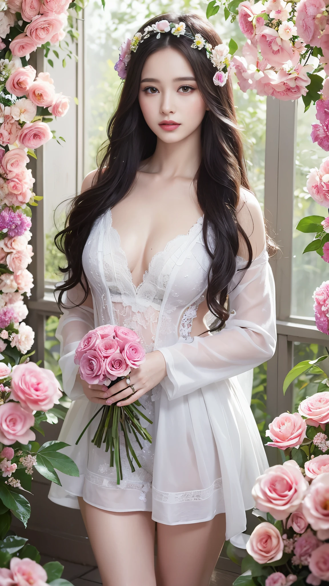 (masterpiece, best quality, best quality, official art, beauty and aesthetics: 1.2), (1 girl: 1.3), very detailed, (fractal art: 1.1), (color: 1.1) (flowers: 1.5), most detailed, long wavy hair, up to the knees, eyes looking at camera, perfect eyes, (wet skin), goddess