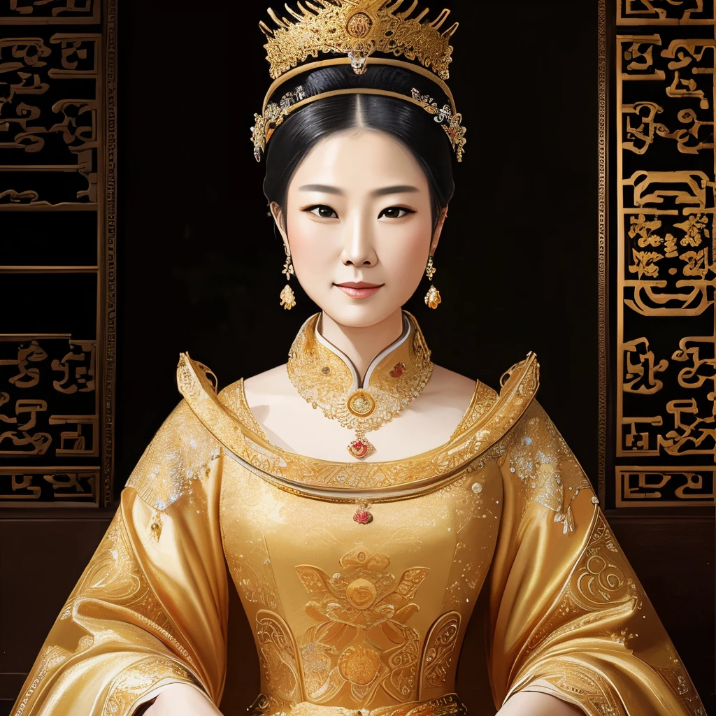 ((best quality)), ((masterpiece)), (detailed), painting of a woman in a gold dress with a crown, chinese empress, portrait of a middle-age empress