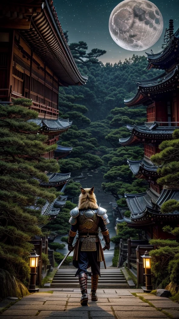 An anthropomorphic fox monster of an old Japanese samurai、Wearing samurai armor、Silver Hair、In front of the ruined shrine、Moonlit Night、lush vegetation、Old tales、Like a movie、8K、16K、Detailed