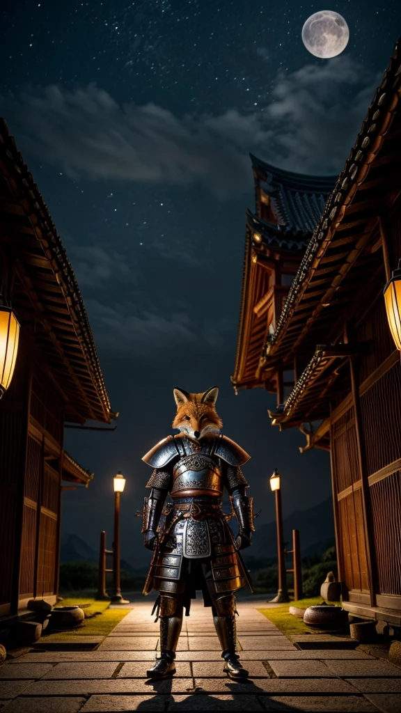 An anthropomorphic fox monster of an old Japanese samurai、Wearing samurai armor、Silver Hair、In front of the ruined shrine、Moonlit Night、lush vegetation、Old tales、Like a movie、8K、16K、Detailed