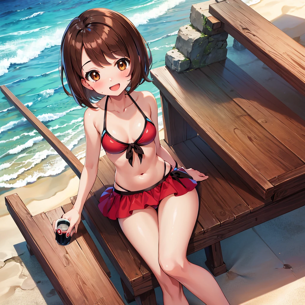 masterpiece, Highest quality, High resolution, Gloria1, 1 Girl, Gloria\(Pokémon\), Brown Hair, , Brown Eyes, , Short Hair, , Bobcut, bangs, , 　１Describe a girl carefully　１Girl　smile　blush　Open Mouth　blush　beach　Ocean　Sexy Bikini