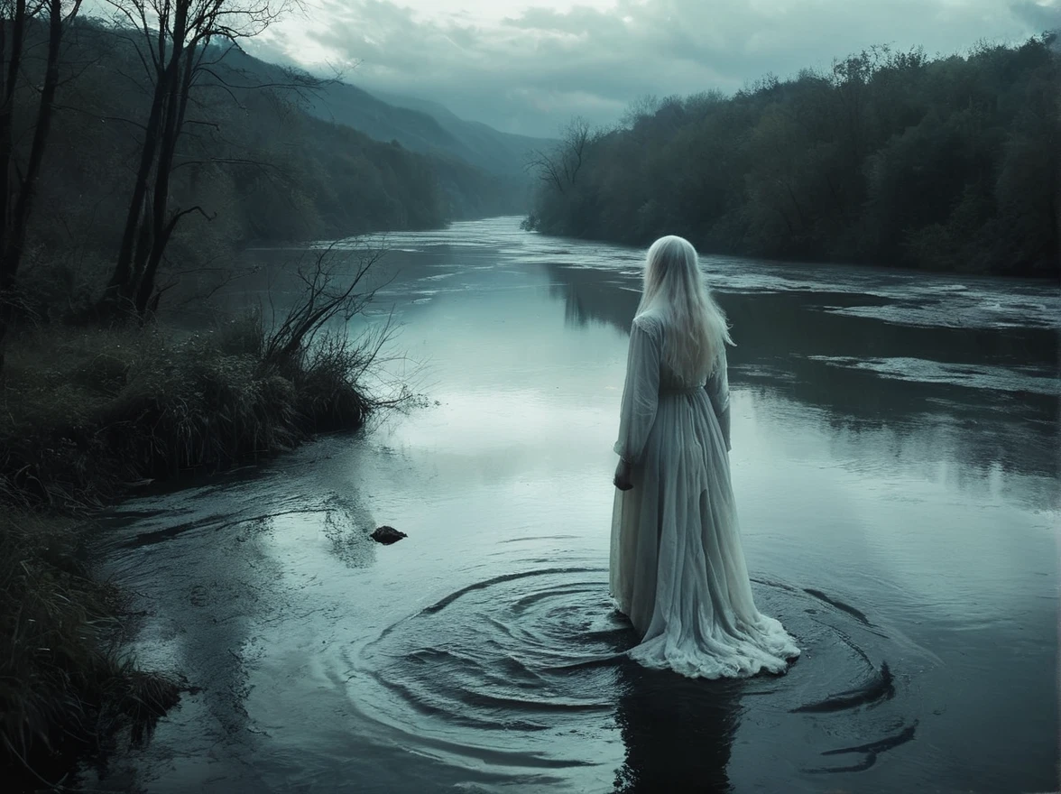 There was no shine, No Shadow, For the Heavens, Too, There was still one, Pale clouds; There was no sound or movement.、Just a dark river flows、He was moaning like a restless sorrow.。.
Fantasy Style, Dreamy art, Gothic Horror, Artistic and Abstract, Whimsical, oil,
One girl, Transparent Ghost,