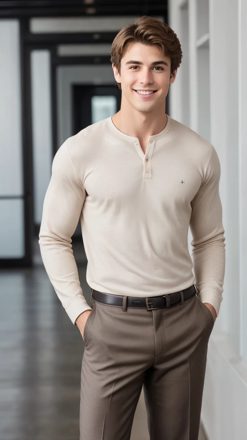 Best quality image: A full-body photo,sideways,A tall figure、Has short brown hair、Messy hair,25-year-old sunny boy,fit、Muscular man, Wearing a casual suit. Hands in pockets,His smile is filled with happiness and confidence.,He stood on a clean, Neat background. Clear image details,Relaxed natural texture. The lighting is very cinematic, Casting a soft and bright light on his muscular face, Enhance the depth and dimension of your photos.