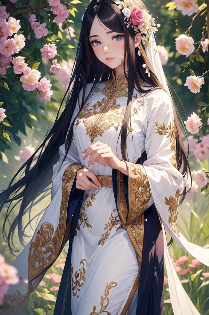 ((Highest quality、Highest quality、masterpiece、Beautiful and beautiful、There is only one beautiful woman with long hair and beautiful eyes.))、 break、(Standing like a flower)、(Floral scent)、(Everyone is fascinated)、break、delicate silk、Delicate embroidery decoration、Very detailed、Sense of presence、High resolution、(((Vibrant colors)))、Very detailed and meticulous、Petals fluttering、Very beautiful silk art