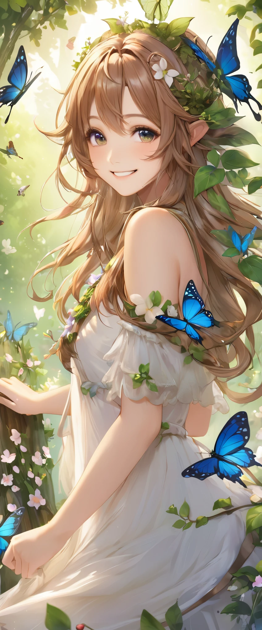 A girl, Dryad, Wood hair, Butterfly、petal、Smile