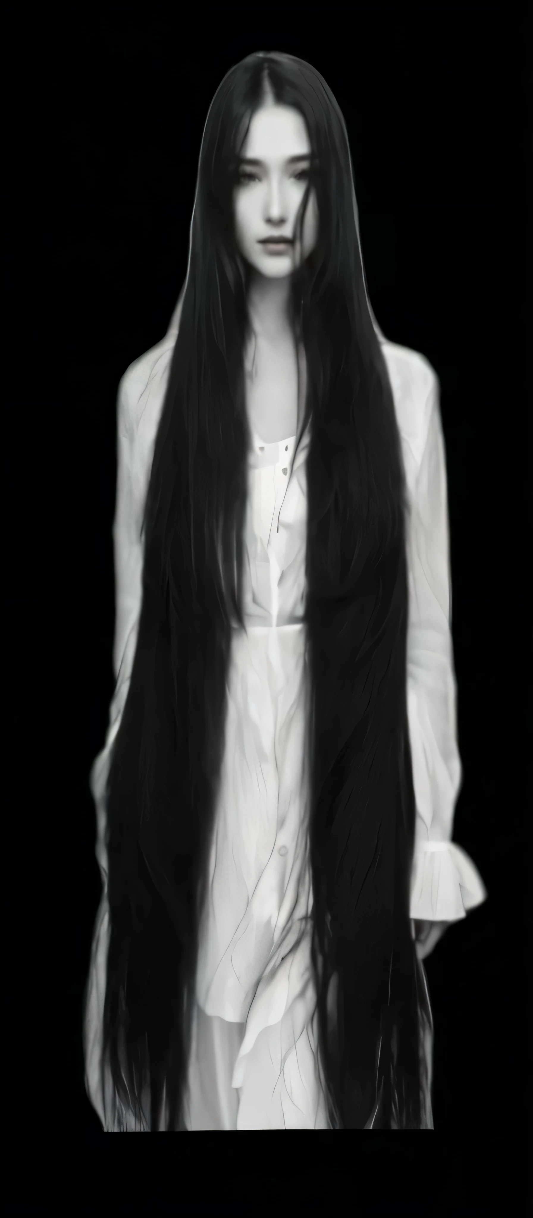 a close up of a woman with long hair wearing a white dress, very long black hair, long black hair, long thin black hair, with long black hair, dark long hair, black long hair, long flowing black hair, endless black hair, black long hair!, long raven hair, very long flowing dark hair, flowing black hair, long dark hairs