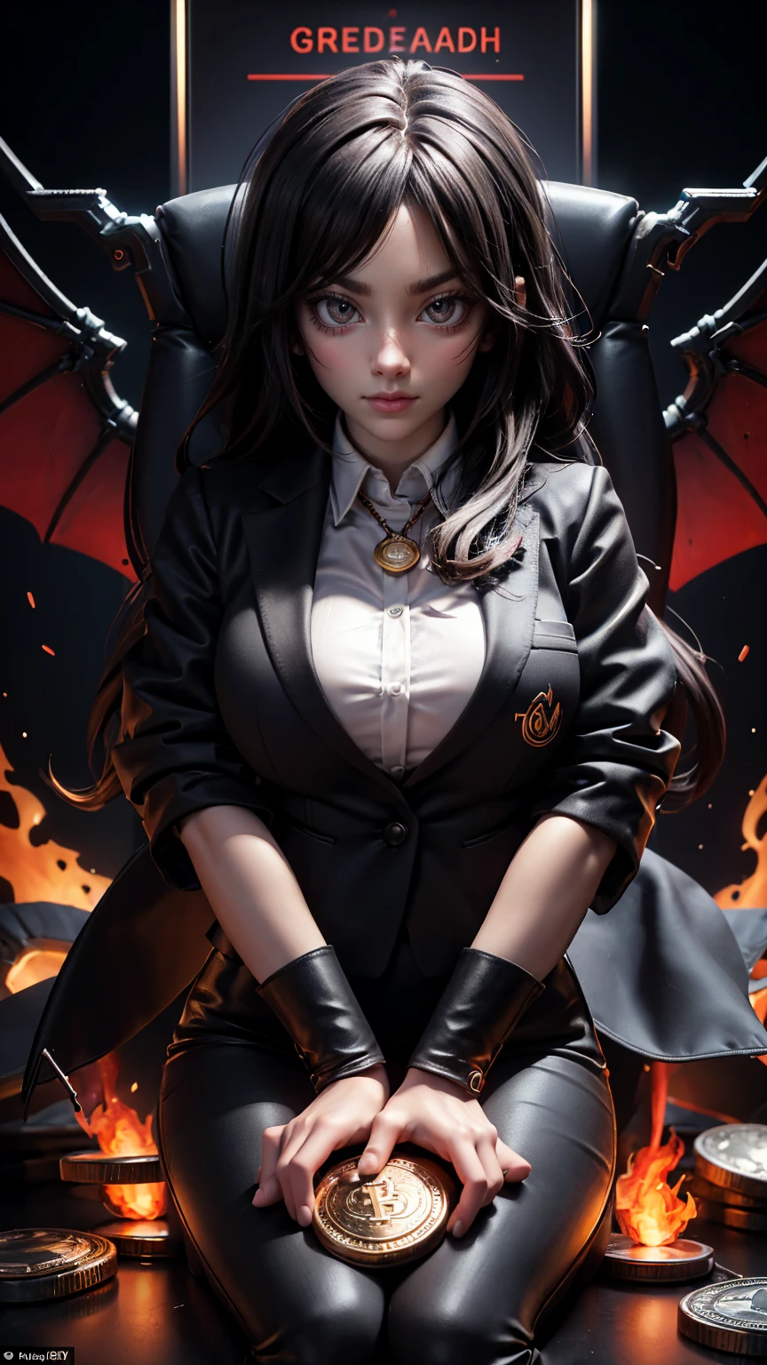 3D cartoon of an extremely angry business girl sitting at his desk, with bitcoin and ethereum symbols flying around him and fire flames in the background. A huge pile of coins lays beside the character, with the bitcoin logo written underneath and the text "_ultra low" written above, in the style of an angry businessman.