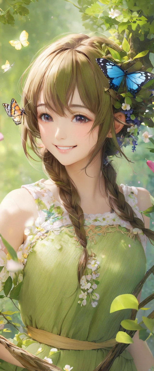 A girl, Dryad, Wood hair, Butterfly、petal、Smile
