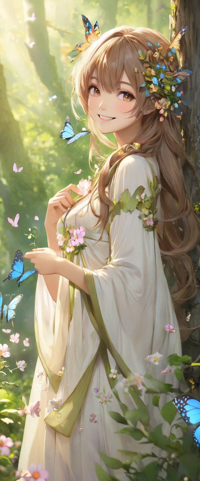 A girl, Dryad, Wood hair, Butterfly、petal、Smile