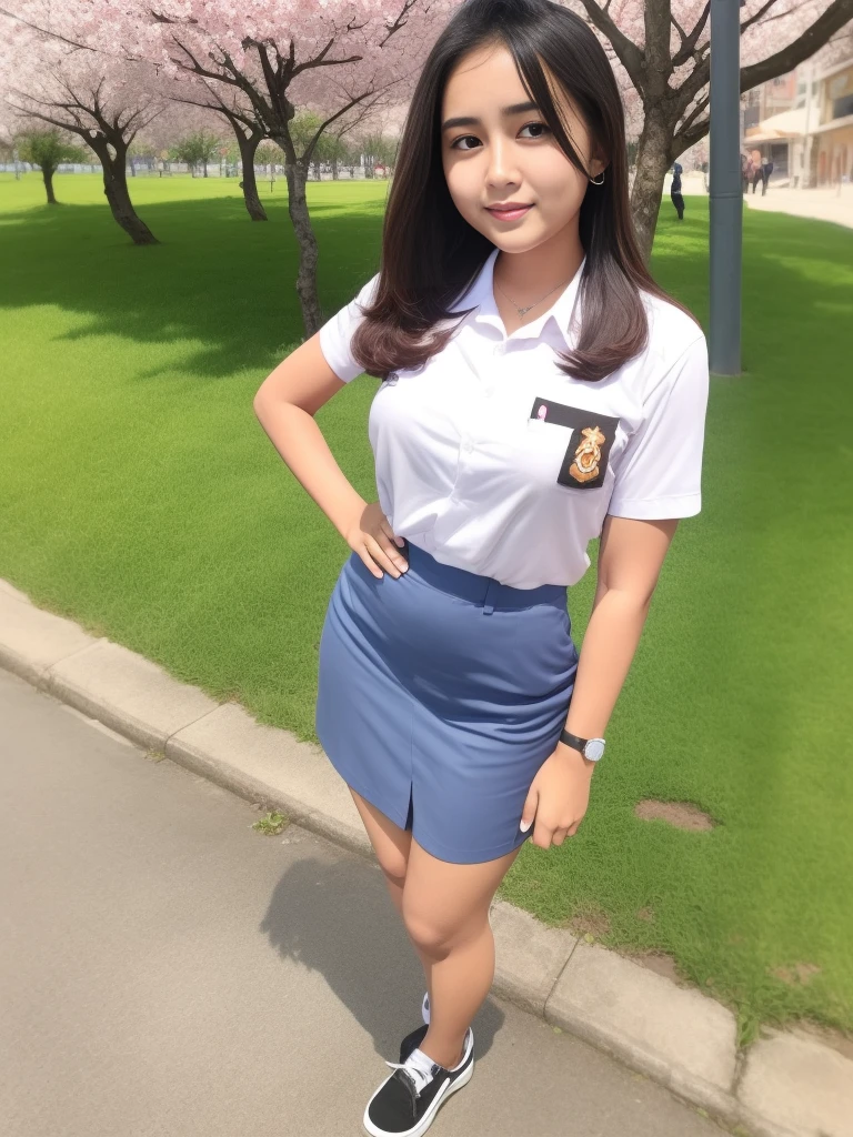 1girl, solo, (Indonesian_high_school_uniform), (ultra wide angle shot: 1.4), surprisingly beautiful scenery, detailed face, beautiful eyes, thick breasts, beautiful long hair, slim body, smooth realistic skin, tight short sleeve white shirt, grey-blue tight miniskirt, looking at the audience, low angle shot,(8k, RAW photo, best quality, masterpiece: 1.2), (realistic, realistic: 1.37), ultra-high resolution, super detailed, Cherry blossoms falling in the background, In front of a pedestrian crossing, A girl standing upright with her legs shoulder-width apart, Beautiful face in every detail, Front view, angle from below, realistic, cute, Crouch deep in the city, whole body, collared shirt, put the backpack aside