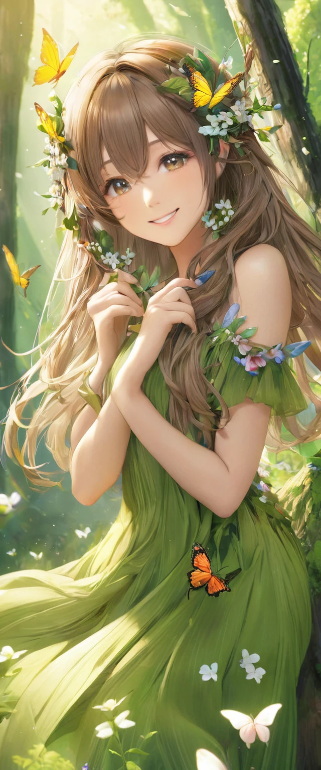 A girl, Dryad, Wood hair, Butterfly、petal、Smile