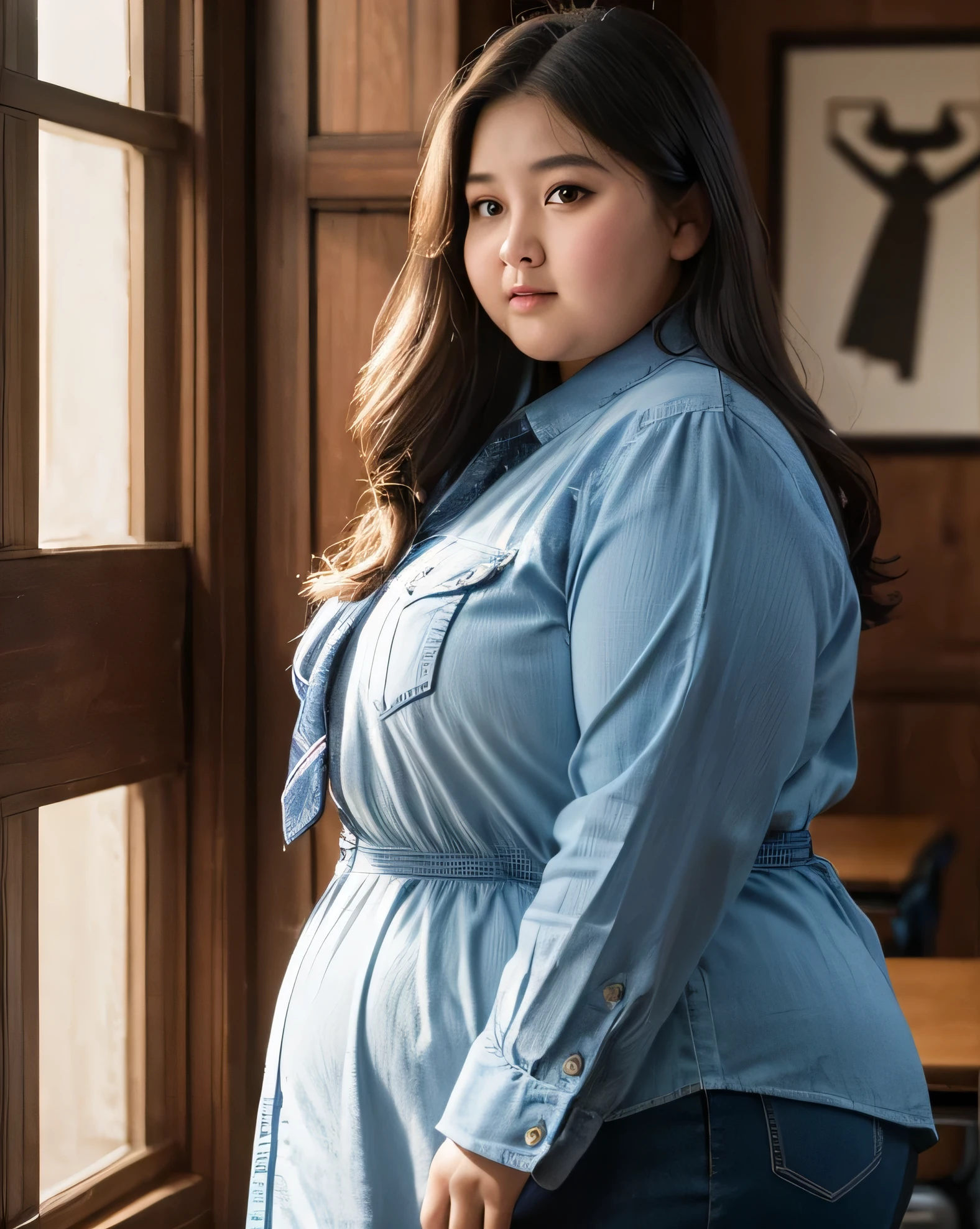 ((8k)), highest quality, 超High resolution, a 20 year old obese woman, chubby cheeks, round face, double chin, thick arms and legs, wearing a , ((Chubby)), standing in a school setting, ((cowboy shot)), realistic, detailed, highly detailed, intricate details, photorealistic, cinematic lighting, dramatic shadows, vibrant colors