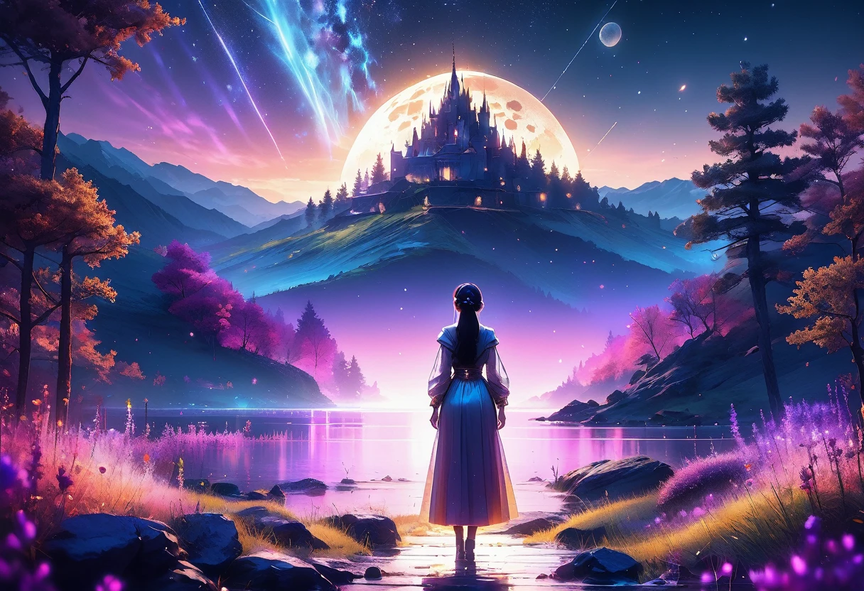 (((zoom out))),8K,((Highest quality)),((high-res)),(((shot from behind))),night,She stands front of a magical landscape, ,soft focus,thank you!
