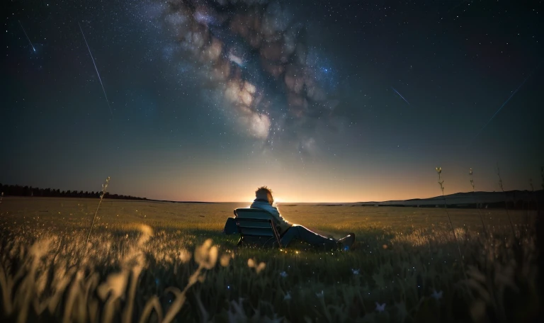 there is a man lying on a field looking at the stars, looking out into the cosmos, sitting on the cosmic cloudscape, endless cosmos in the background, mikko lagerstedt, watching the stars at night, looking at the stars, lost in the immensity of space, tranquility of the endless stars, watching the stars, dreaming about a faraway place