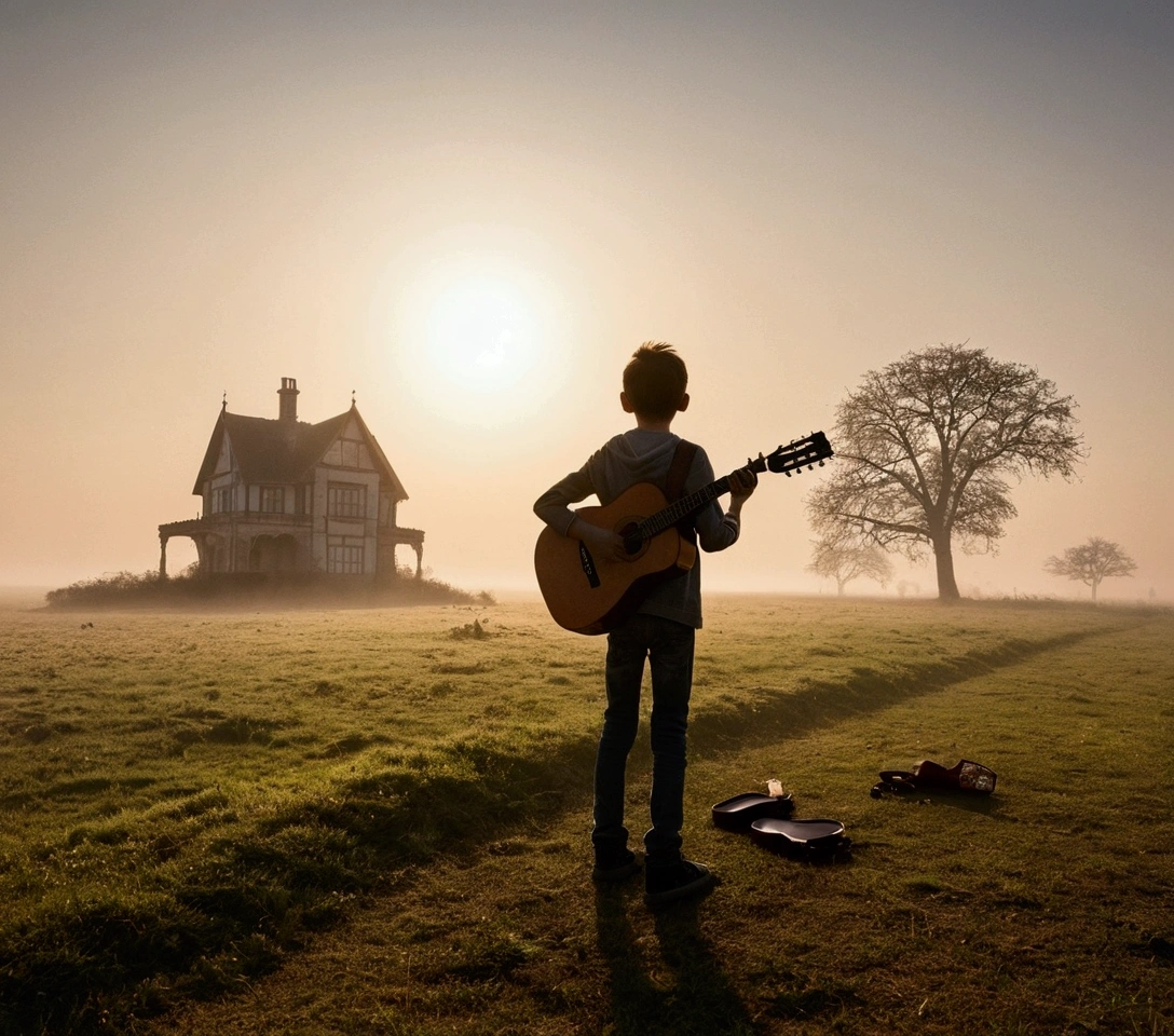 Exterior,Under a wide-angle lens, The horizon is infinite, Sunny morning, The vast land is clear, There are some Gothic houses in the morning mist, The whole environment is reflected in the clear and bright sun, In the middle of the photo is a boy holding a guitar, In the surroundings, still, The entire image is in color, There is light and shadow. Humanity. Birds and feathers flying around a boy,He walked towards the horizon with his guitar