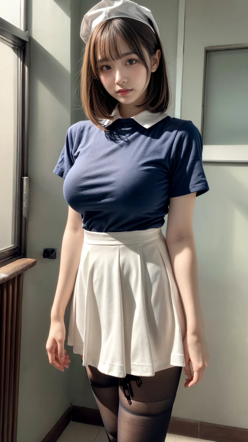 (8K, RAW Photos, Highest quality, masterpiece:1.2), (professional photography, full colors, studio-caliber color grading), (Gravure quality for high-end fashion magazines),  BREAK,18 year old girl, (boyish:1.15), (mannish:1.1), Big Natural Color Lip, Plumpy body, (smooth skin:1.1), (huge breasts:1.0),  BREAK (White nurse cap、White tights、White nurse uniform、to stand、Hand skirt、Flipping up a white skirt), BREAK, hospital room