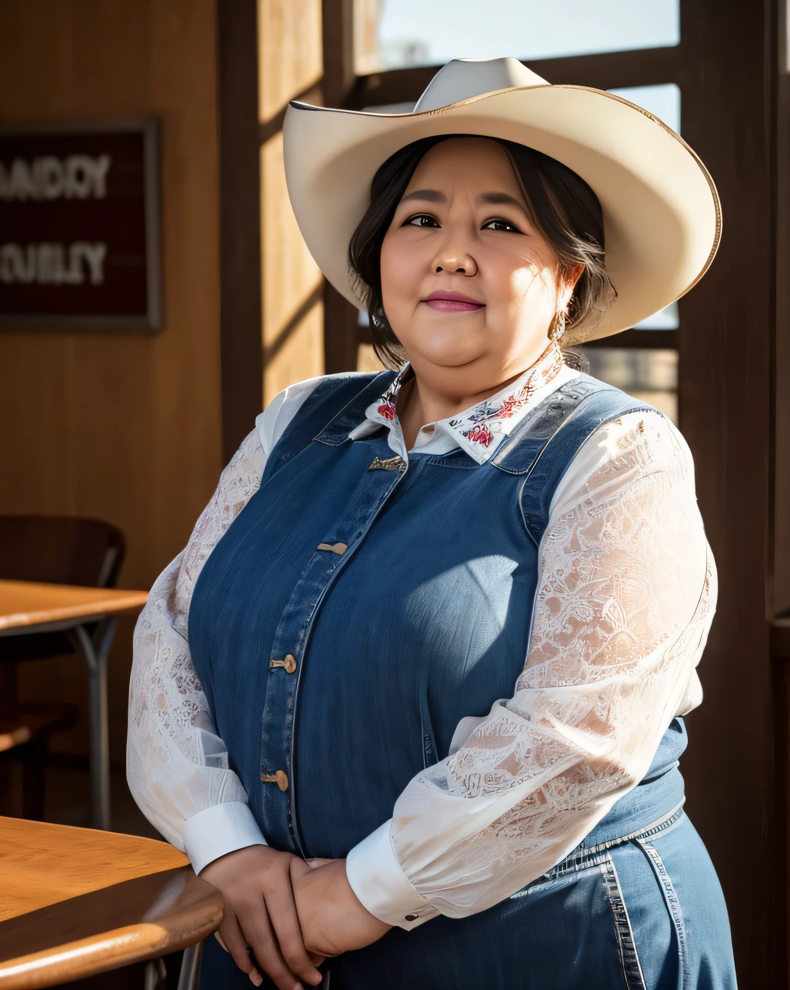 ((8k)), highest quality, 超High resolution, a 60 year old obese woman, chubby cheeks, round face, double chin, thick arms and legs, wearing a , ((Chubby)), standing in a school setting, ((cowboy shot)), realistic, detailed, highly detailed, intricate details, photorealistic, cinematic lighting, dramatic shadows, vibrant colors