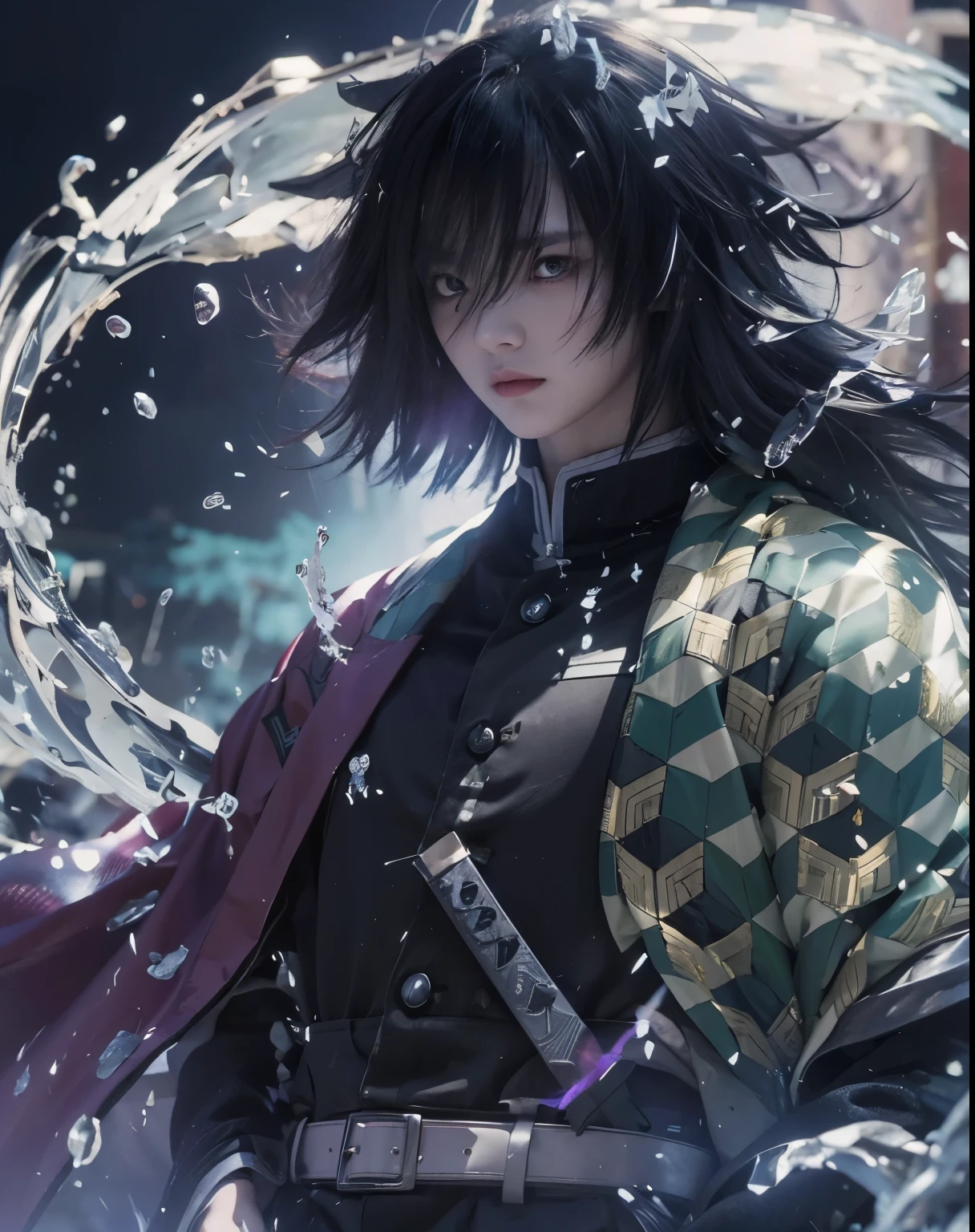 Giyuu tomioka, demon slayer, angry mode, black long hair, purple eyes lit up, black demon Slayers uniform, swing a sworld, detailed face, detailed eyes, detailed hair, wather effect:1.2, light effect:1.2, fire effect:1.2, background beautiful sky:1.2. ultra-realistic, ultra-detailed, high resulution, best quality, masterpiece