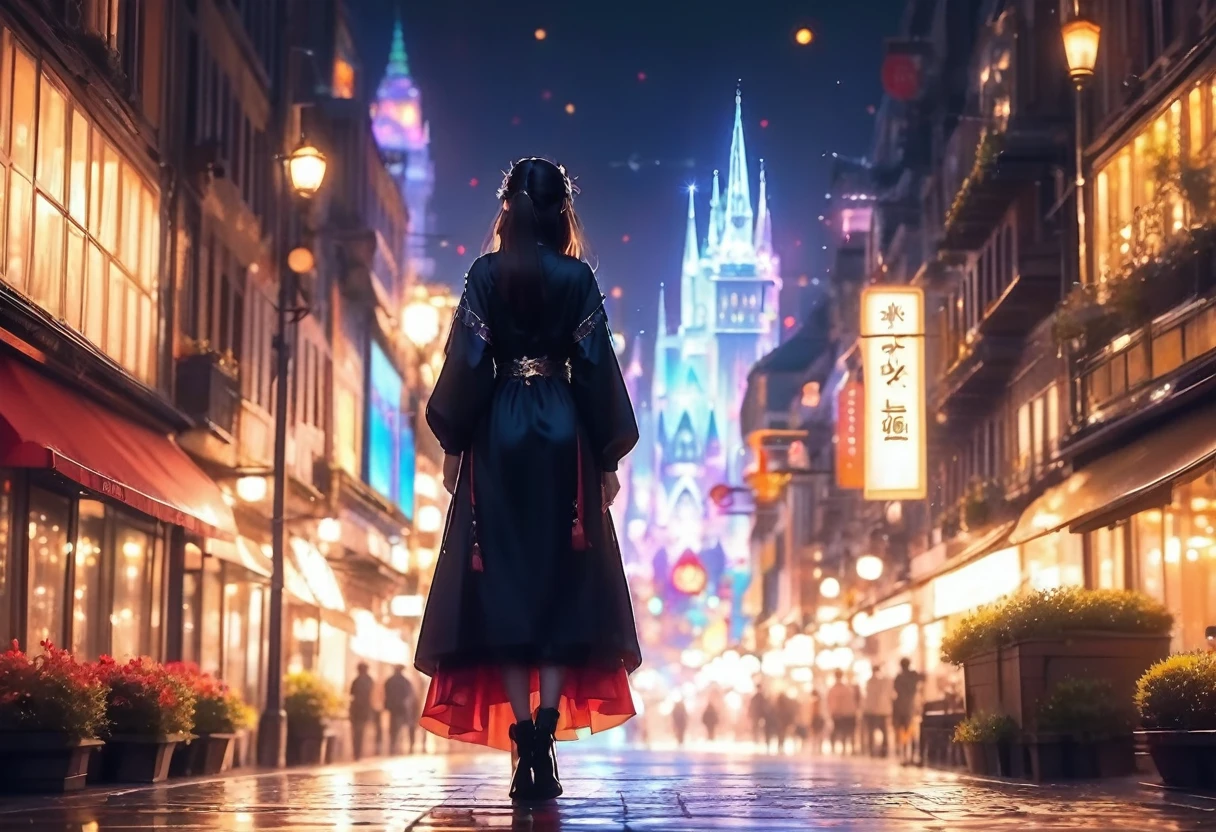 (((zoom out))),8K,((Highest quality)),((high-res)),(((shot from behind))),night,She stands front of a magical city, ,soft focus,thank you!