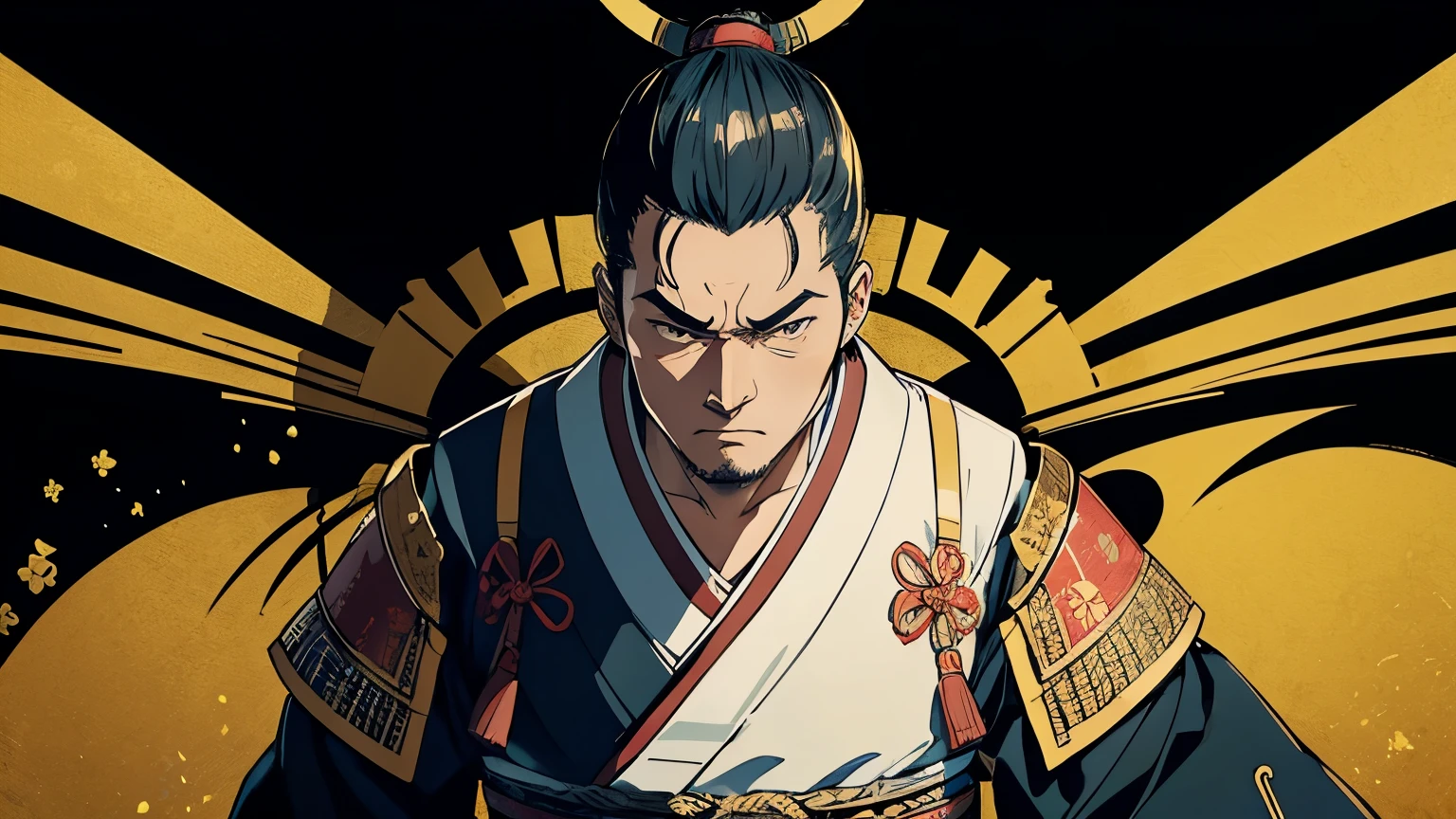 Battle Scene、Tokugawa Ieyasu、The whole body is shown、Wearing intricately designed traditional samurai armor、Famous people in Japanese history、They tied their topknots、He has a stern look、Has an intimidating presence。