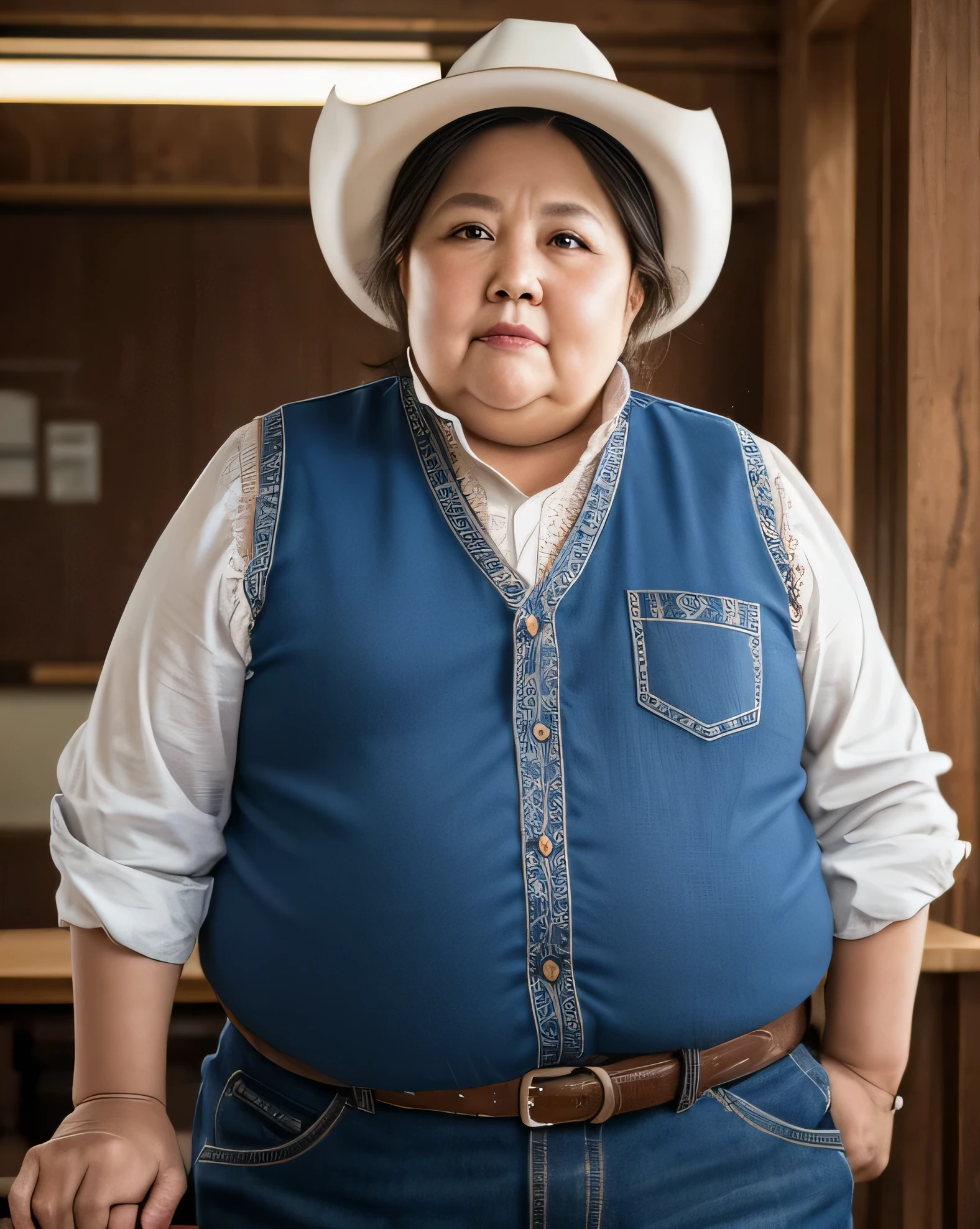 ((8k)), highest quality, 超High resolution, a 70 year old obese woman, chubby cheeks, round face, double chin, thick arms and legs, wearing a , ((Chubby)), standing in a school setting, ((cowboy shot)), realistic, detailed, highly detailed, intricate details, photorealistic, cinematic lighting, dramatic shadows, vibrant colors