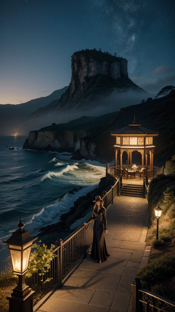 Night scene with an elegant woman standing as a watchman on an Australian ranch, summer weather embracing the high waves crashing against adjacent cliffs, a nearby ship's beacon casting an illuminating glow, encompassed by a lush, landscape garden, wrought iron fence leading toward an ornate door, foreground featuring a Nicky Boehme-esque gazebo, digital painting, incorporating dramatic lighting, ultra fine details, vibrant atmosphere, Watercolor, trending on artstation, sharp focus, studio phot