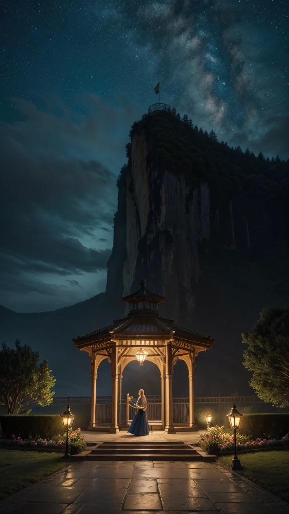 Night scene with an elegant woman standing as a watchman on an Australian ranch, summer weather embracing the high waves crashing against adjacent cliffs, a nearby ship's beacon casting an illuminating glow, encompassed by a lush, landscape garden, wrought iron fence leading toward an ornate door, foreground featuring a Nicky Boehme-esque gazebo, digital painting, incorporating dramatic lighting, ultra fine details, vibrant atmosphere, Watercolor, trending on artstation, sharp focus, studio phot