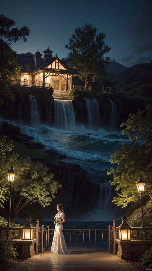 Night scene with an elegant woman standing as a watchman on an Australian ranch, summer weather embracing the high waves crashing against adjacent cliffs, a nearby ship's beacon casting an illuminating glow, encompassed by a lush, landscape garden, wrought iron fence leading toward an ornate door, foreground featuring a Nicky Boehme-esque gazebo, digital painting, incorporating dramatic lighting, ultra fine details, vibrant atmosphere, Watercolor, trending on artstation, sharp focus, studio phot