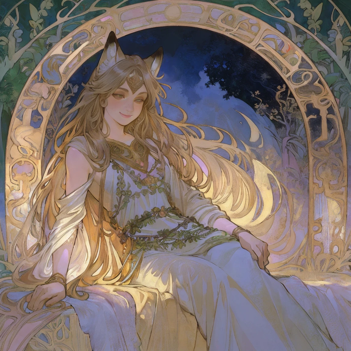 cover, Fox Girl. a high resolution, top quality, Best quality, paid reward available, unparalleled masterpiece, The perfect work of art, absurdity, High-quality illustrations by Alphonse Mucha., Art Nouveau, Delicate and elegant lines, loose hair, Flowing dresses, Curvilinear lines, Decoration with plant motifs, Geometric decoration, Poetic atmosphere, rich colors, Dreamy, mystical, tarot card(In the woods, Where the creek flows, Backlight)Ideal Anatomy(fluffy, just concentrate, dress, Long Globe)(fluffy антро:1.7)((8 smoky body, Facial features of animals,  Features of the animal's body)))All over body, archaic smile (portrait),