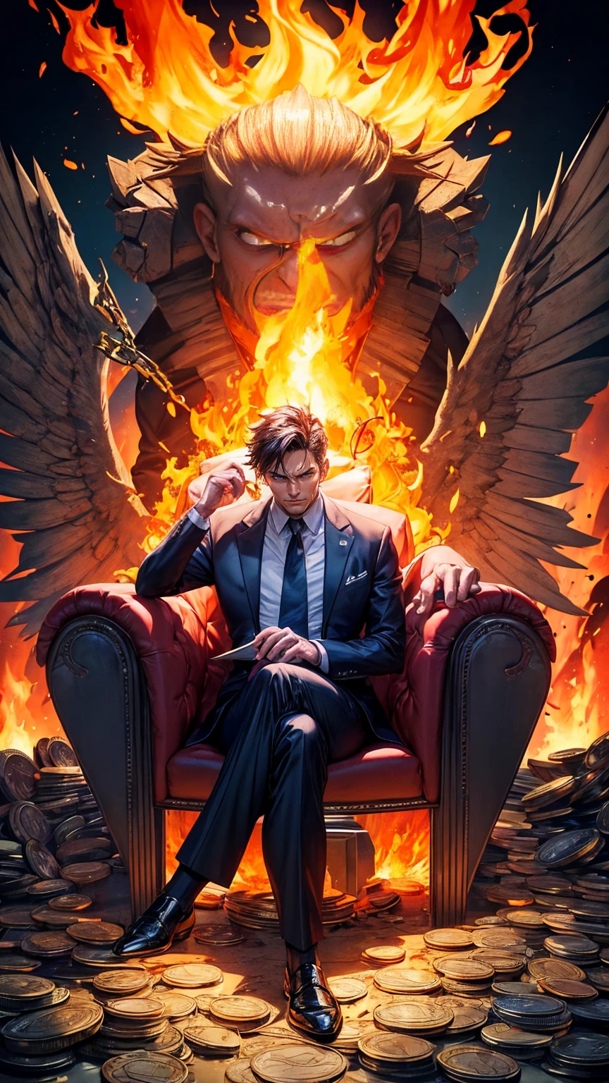 3D cartoon of an extremely angry business man sitting at his desk, with bitcoin and ethereum symbols flying around him and fire flames in the background. A huge pile of coins lays beside the character, with the bitcoin logo written underneath and the text "_ultra low" written above, in the style of an angry businessman.