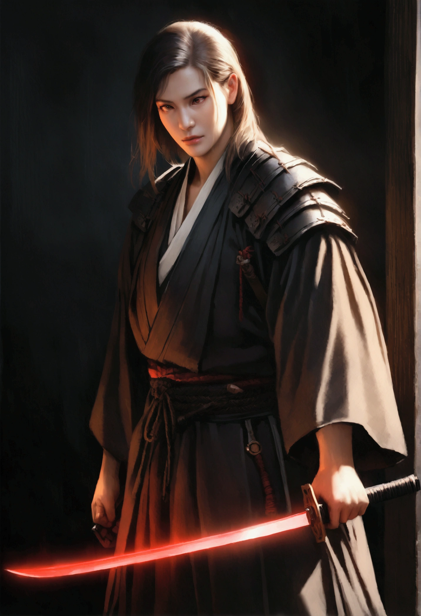 Samurai in dark clothes, Theft Components, With a glowing red sword, Look forward, Dark Background, Realistic,