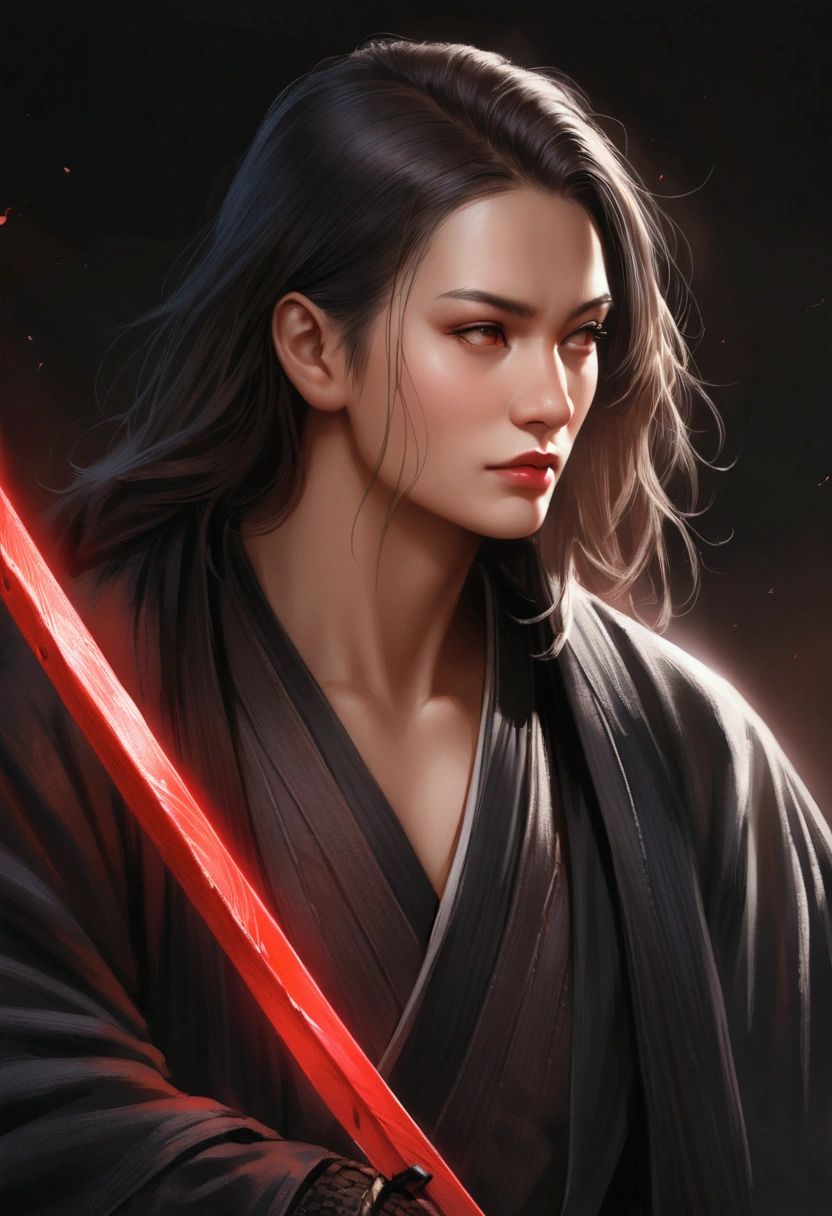 Samurai in dark clothes, Theft Components, With a glowing red sword, Look forward, Dark Background, Realistic,