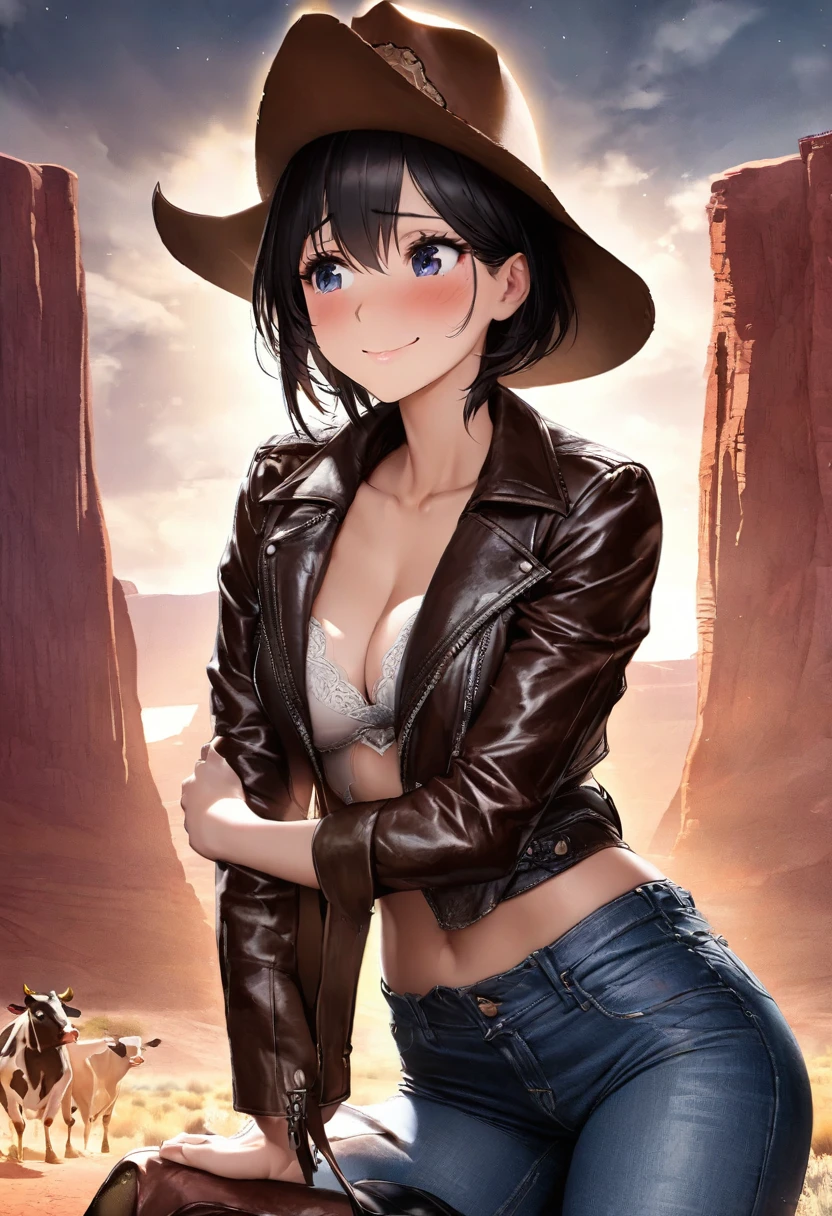 Highest quality, Great quality, 16K, Unbelievably absurd, Very detailed, delicate and dynamic,, Natural light, Monument Valley, vast ranch, Diffuse reflection of light, Vortex of Light, ,Old townscape, , , ,, Sparkling, Create amazing image effects, , Upper body close-up, (Cute sexy girl, , Sexy long legs,,, Are you okay, Active, smile, western cow girl and cow boy, Nervous, , Long black hair, Cowboy hat, Worn leather jacket, Jeans short pants, Leather cowboy boots, )