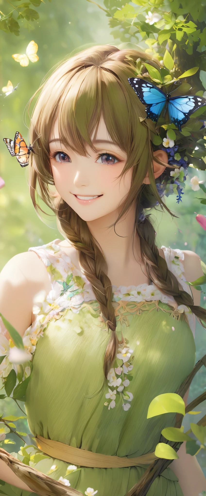 A girl, Dryad, Wood hair, Butterfly、petal、Smile