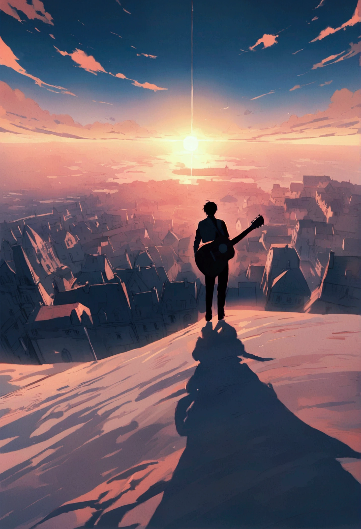 Exterior,Under a wide-angle lens, The horizon is infinite, Sunny morning, The vast land is clear, There are some Gothic houses in the morning mist, The whole environment is reflected in the clear and bright sun, In the middle of the photo is a boy holding a guitar, In the surroundings, still, The entire image is in color, There is light and shadow. Humanity. Birds and feathers flying around a boy,He walked towards the horizon with his guitar
