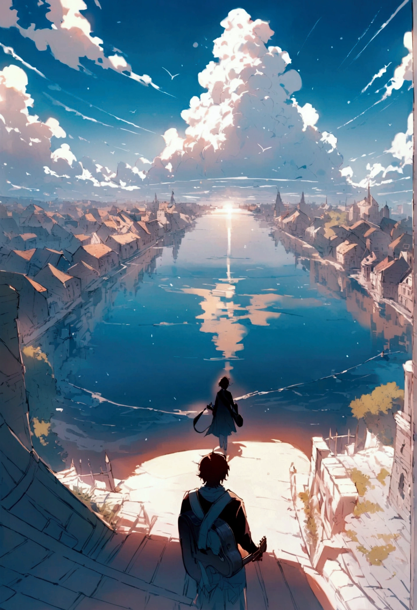 Exterior，Under a wide-angle lens, The horizon is infinite, Sunny morning, The vast land is clear, There are some Gothic houses in the morning mist, The whole environment is reflected in the clear and bright sun, In the middle of the photo is a boy holding a guitar, In the surroundings, still, The entire image is in color, There is light and shadow. Humanity. Birds and feathers flying around a boy，He walked towards the horizon with his guitar 