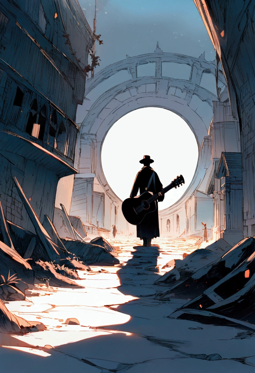 Exterior，Under a wide-angle lens, The horizon is infinite, Sunny morning, The vast land is clear, There are some Gothic houses in the morning mist, The whole environment is reflected in the clear and bright sun, In the middle of the photo is a boy holding a guitar, In the surroundings, still, The entire image is in color, There is light and shadow. Humanity. Birds and feathers flying around a boy，He walked towards the horizon with his guitar 