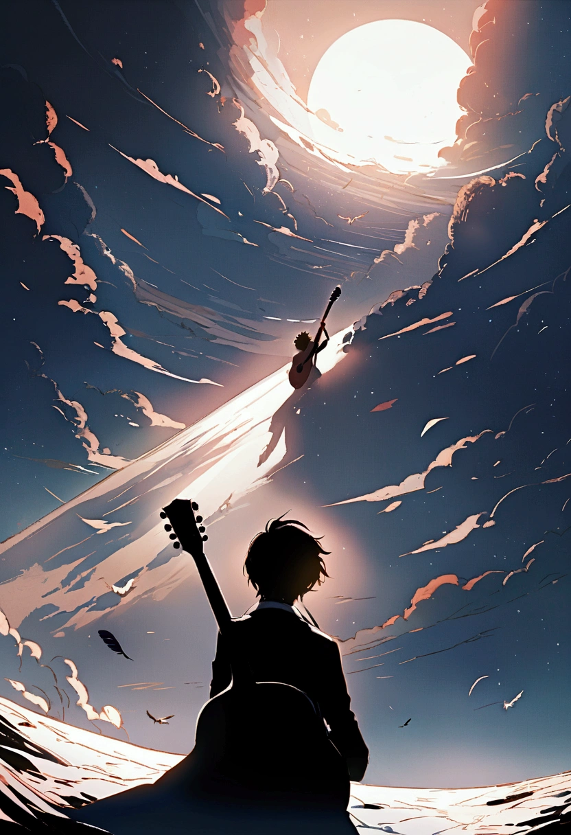 Exterior，Under a wide-angle lens, The horizon is infinite, Sunny morning, The vast land is clear, There are some Gothic houses in the morning mist, The whole environment is reflected in the clear and bright sun, In the middle of the photo is a boy holding a guitar, In the surroundings, still, The entire image is in color, There is light and shadow. Humanity. Birds and feathers flying around a boy，He walked towards the horizon with his guitar 