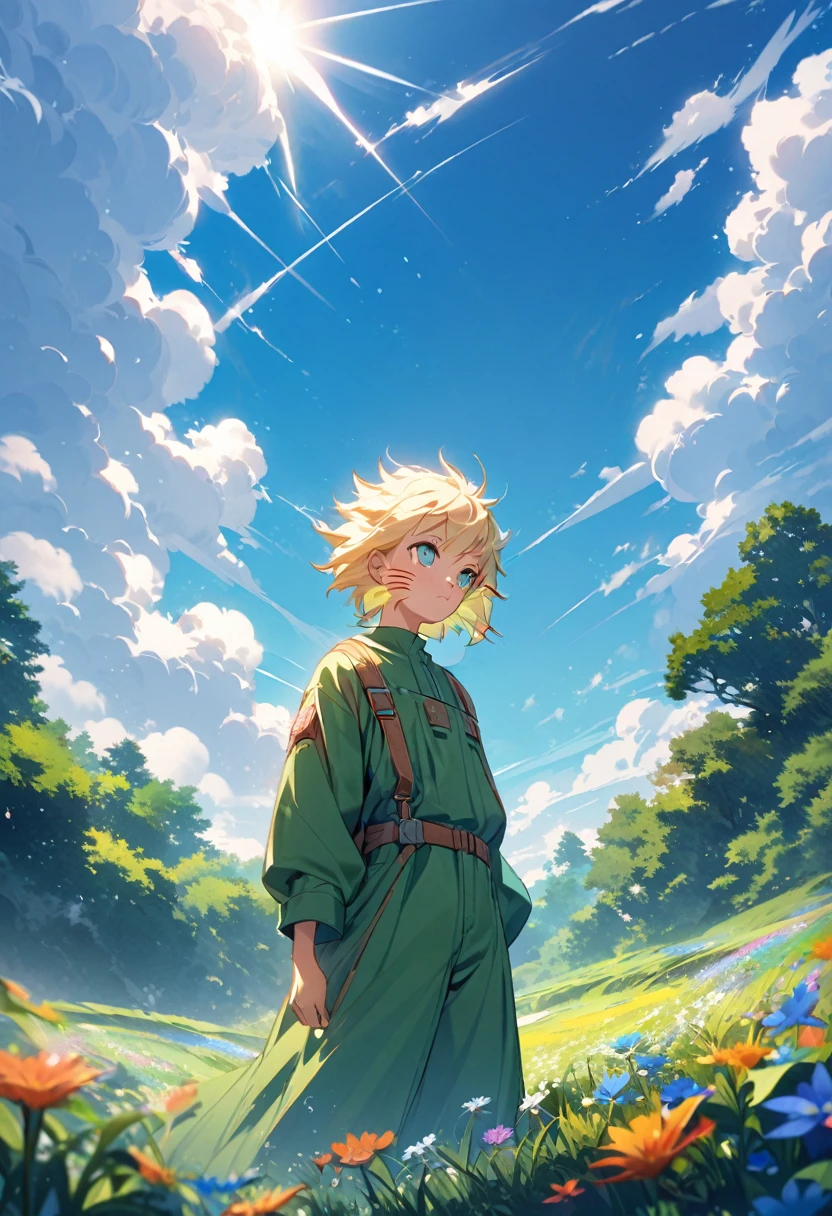 Create a digital artwork of naruto standing in a lush, open field under a vibrant blue sky filled with scattered, fluffy white clouds. The character should have spiky blond hair, wear a green jacket, and display distinctive facial markings similar to whiskers. The scene should convey a sense of tranquility and reflection, with the character gazing thoughtfully into the distance. The overall style should be colorful and bright, capturing the essence of a serene, sunny day with a slight breeze gently moving the grass and wildflowers.