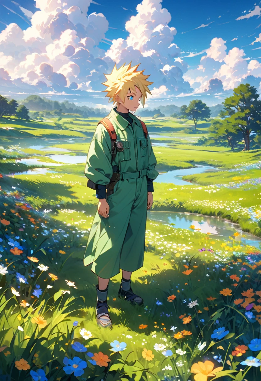 Create a digital artwork of naruto standing in a lush, open field under a vibrant blue sky filled with scattered, fluffy white clouds. The character should have spiky blond hair, wear a green jacket, and display distinctive facial markings similar to whiskers. The scene should convey a sense of tranquility and reflection, with the character gazing thoughtfully into the distance. The overall style should be colorful and bright, capturing the essence of a serene, sunny day with a slight breeze gently moving the grass and wildflowers.
